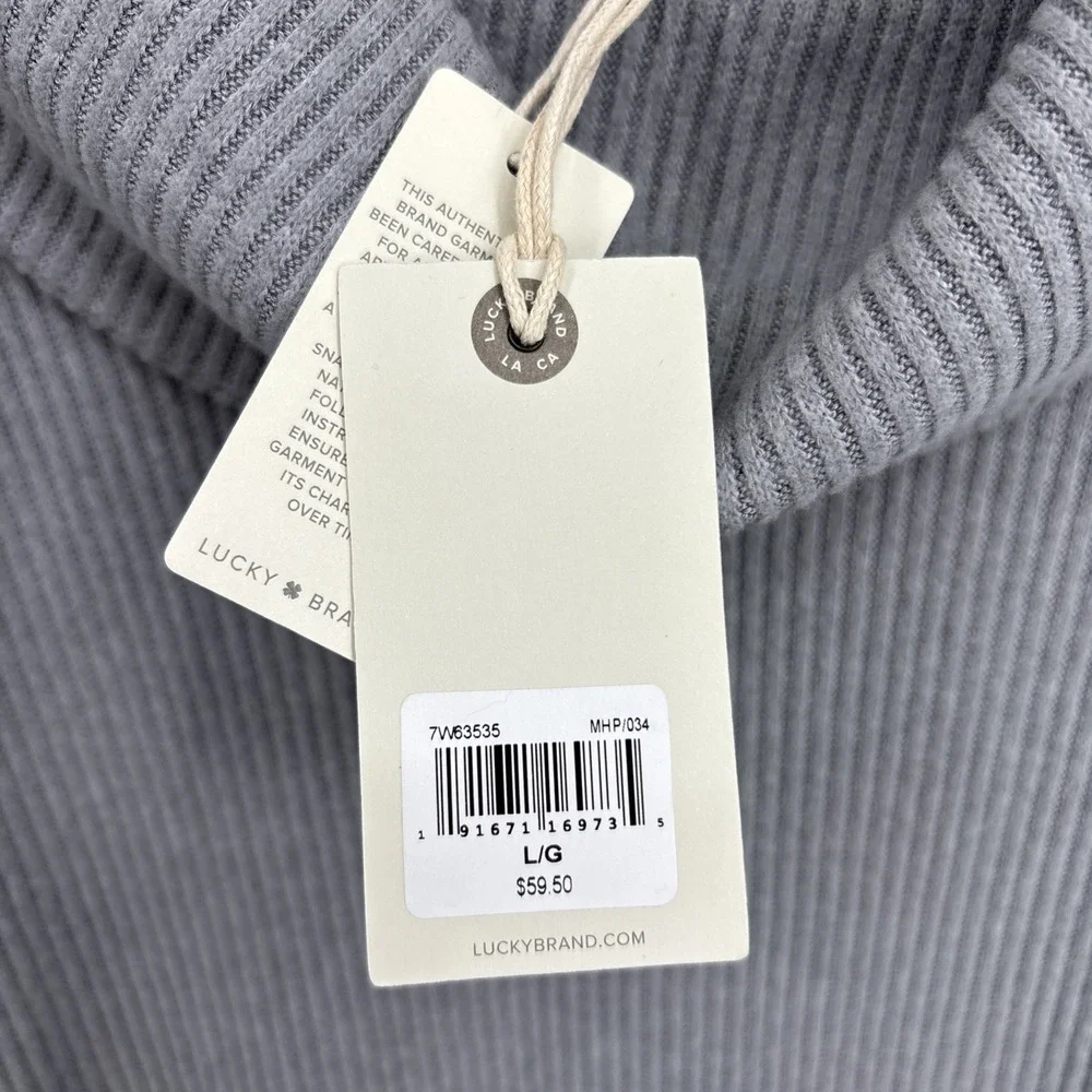 Lucky Brand Size Large Cowl Neck Ribbed Sweater Knit Top Gray Crossover Back NEW